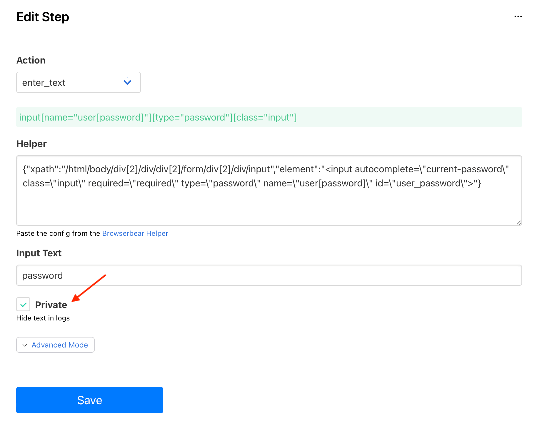 Screenshot of Browserbear enter_text action setup with red arrow pointing to private