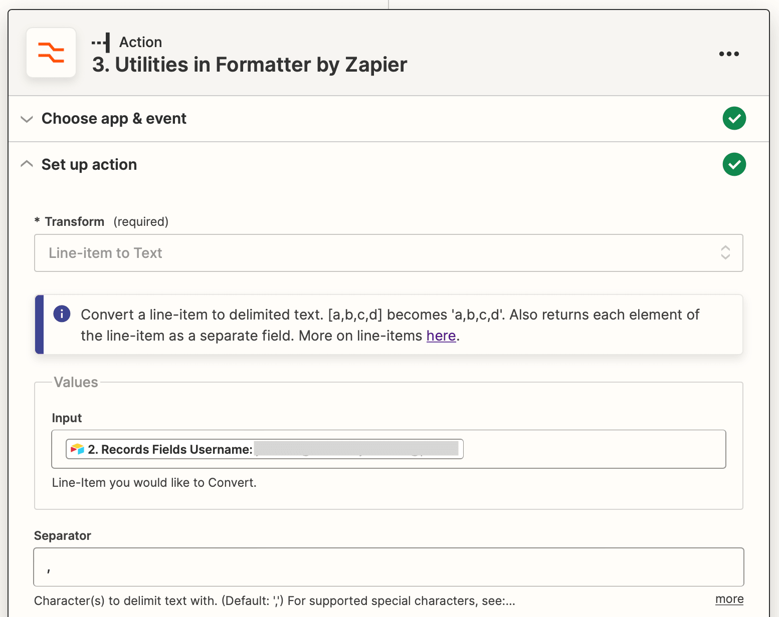 Screenshot of Formatter by Zapier Utilities action setup
