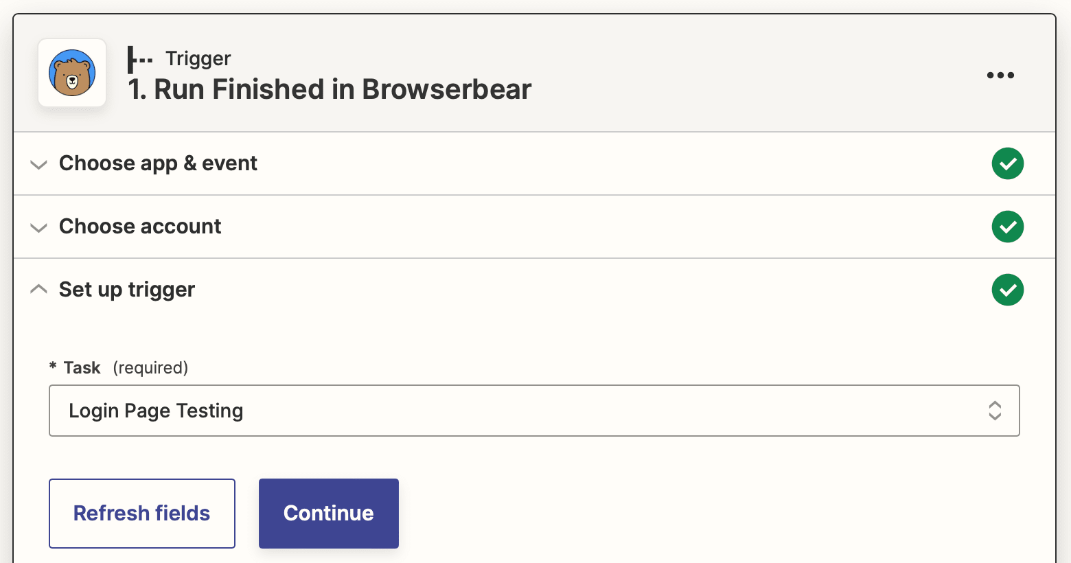 Screenshot of Browserbear run finished trigger setup