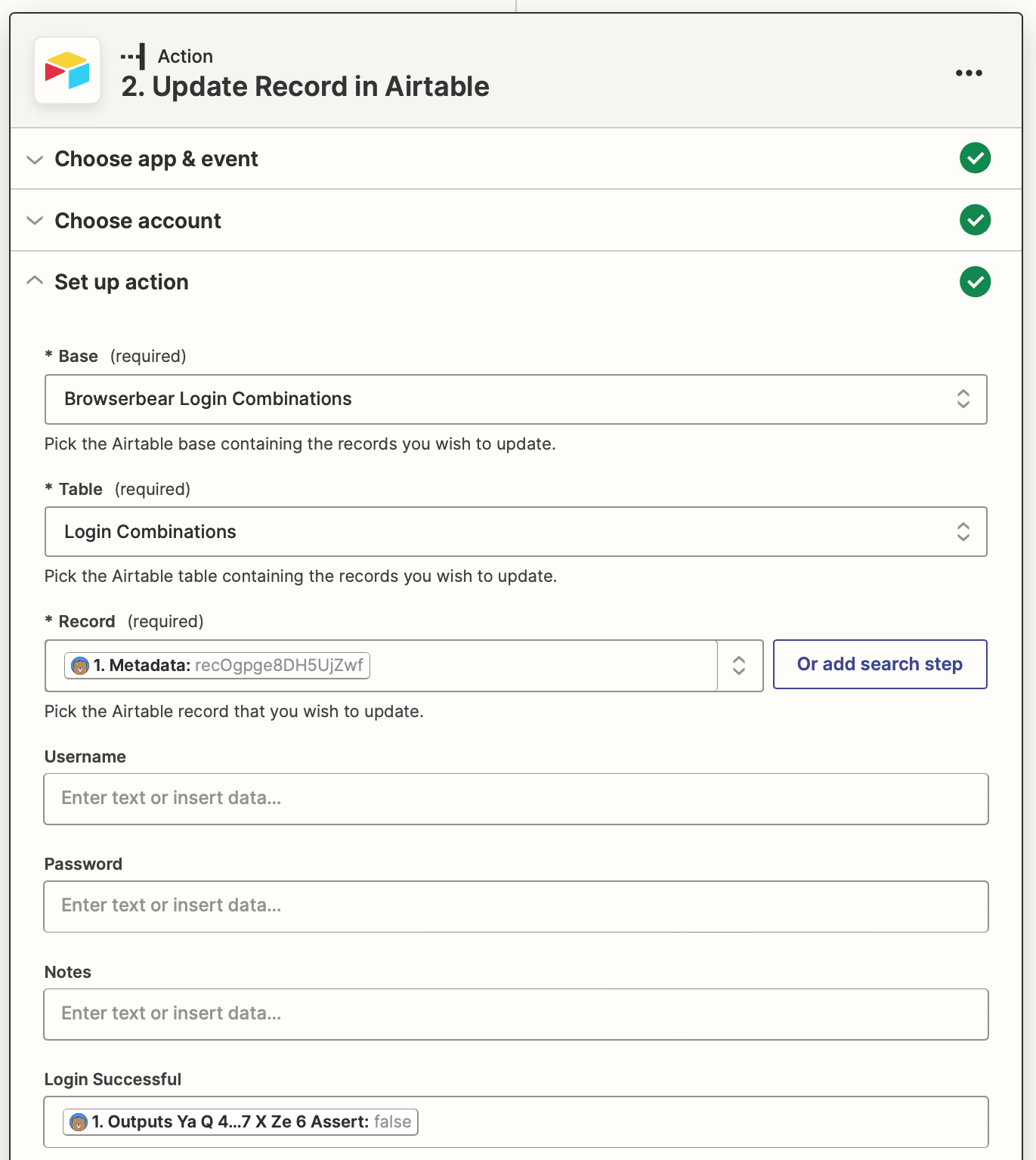 Screenshot of Zapier Airtable update record action setup