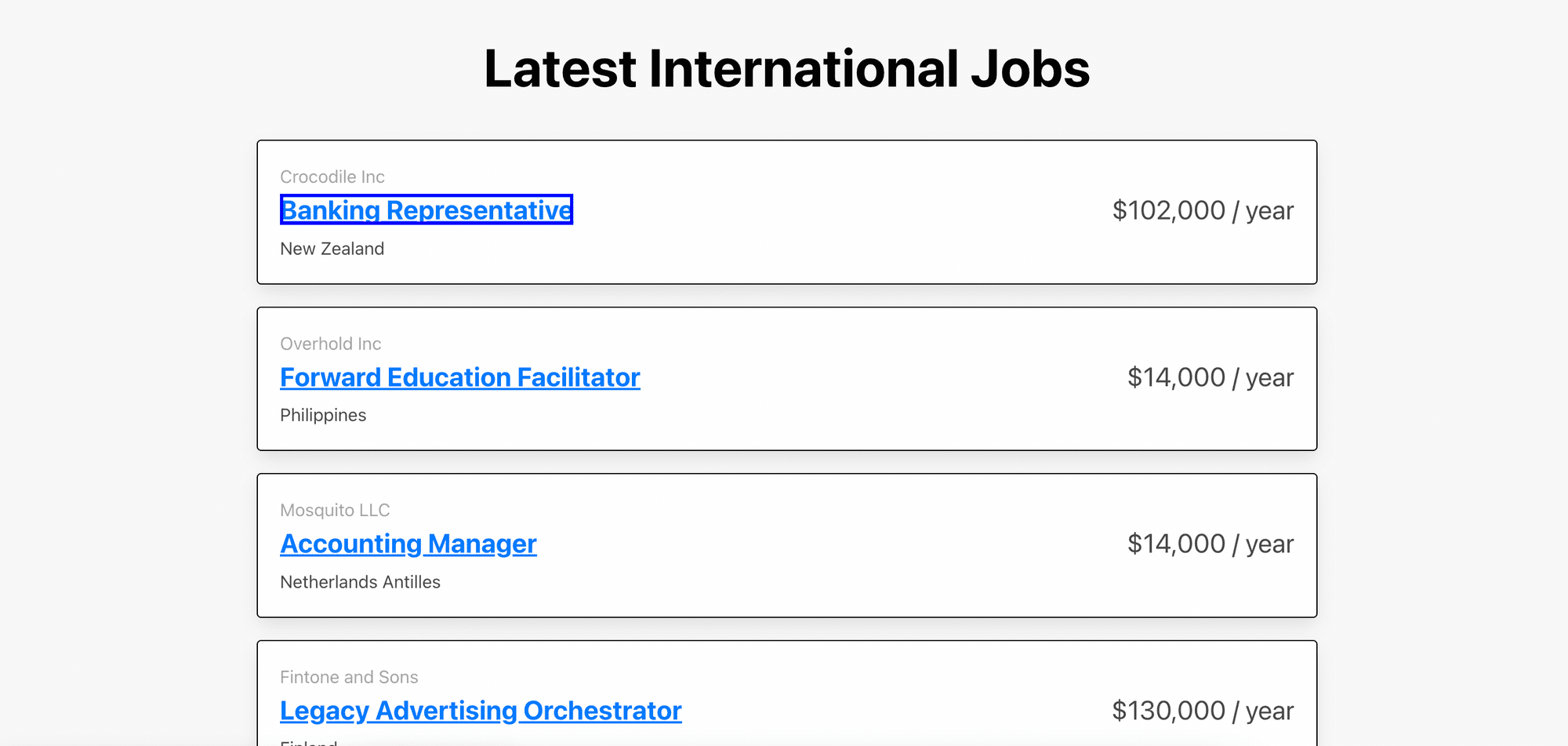 job board with the first job highlighted