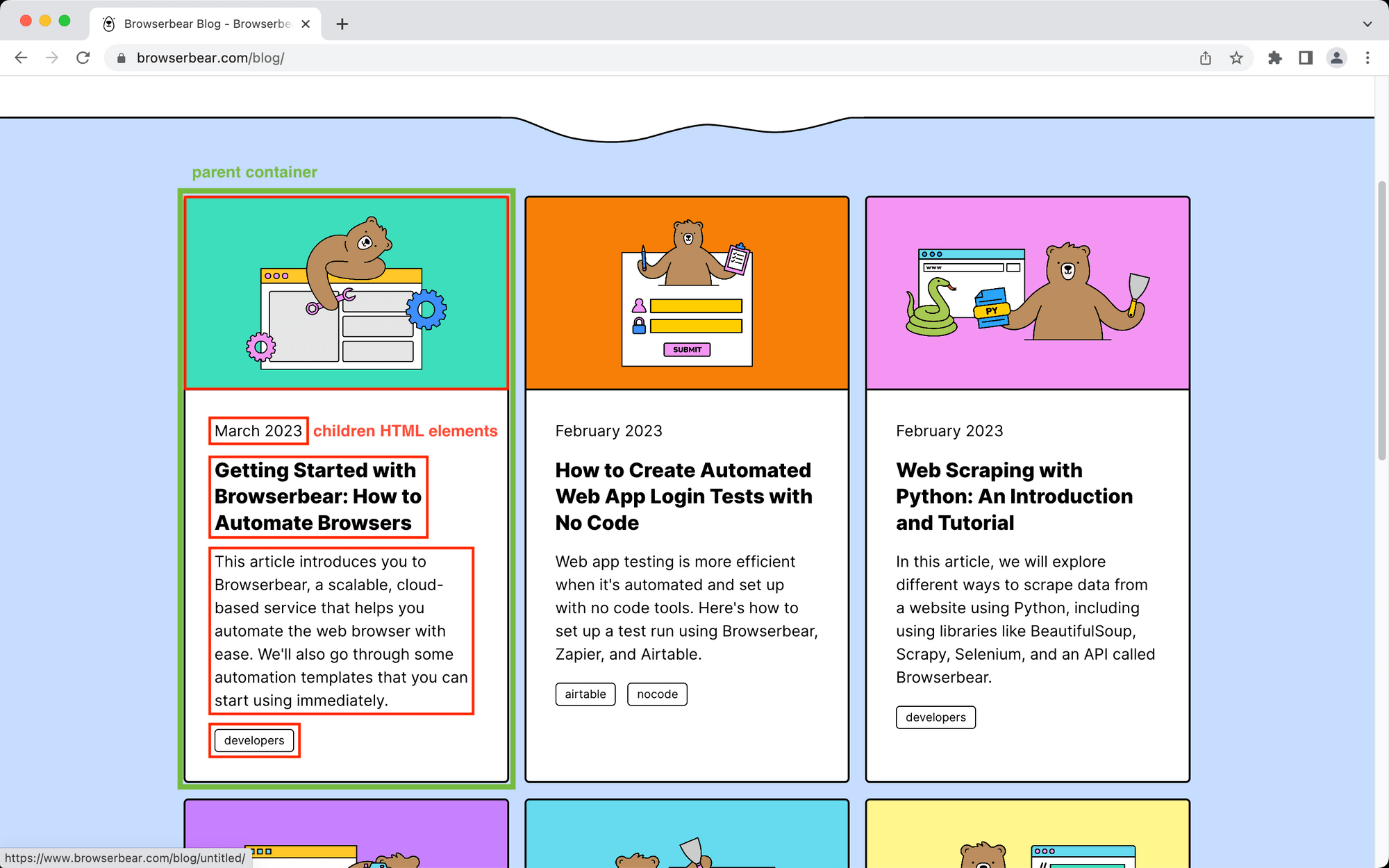 Screenshot of Browserbear blog page with parent container and children HTML elements outlined