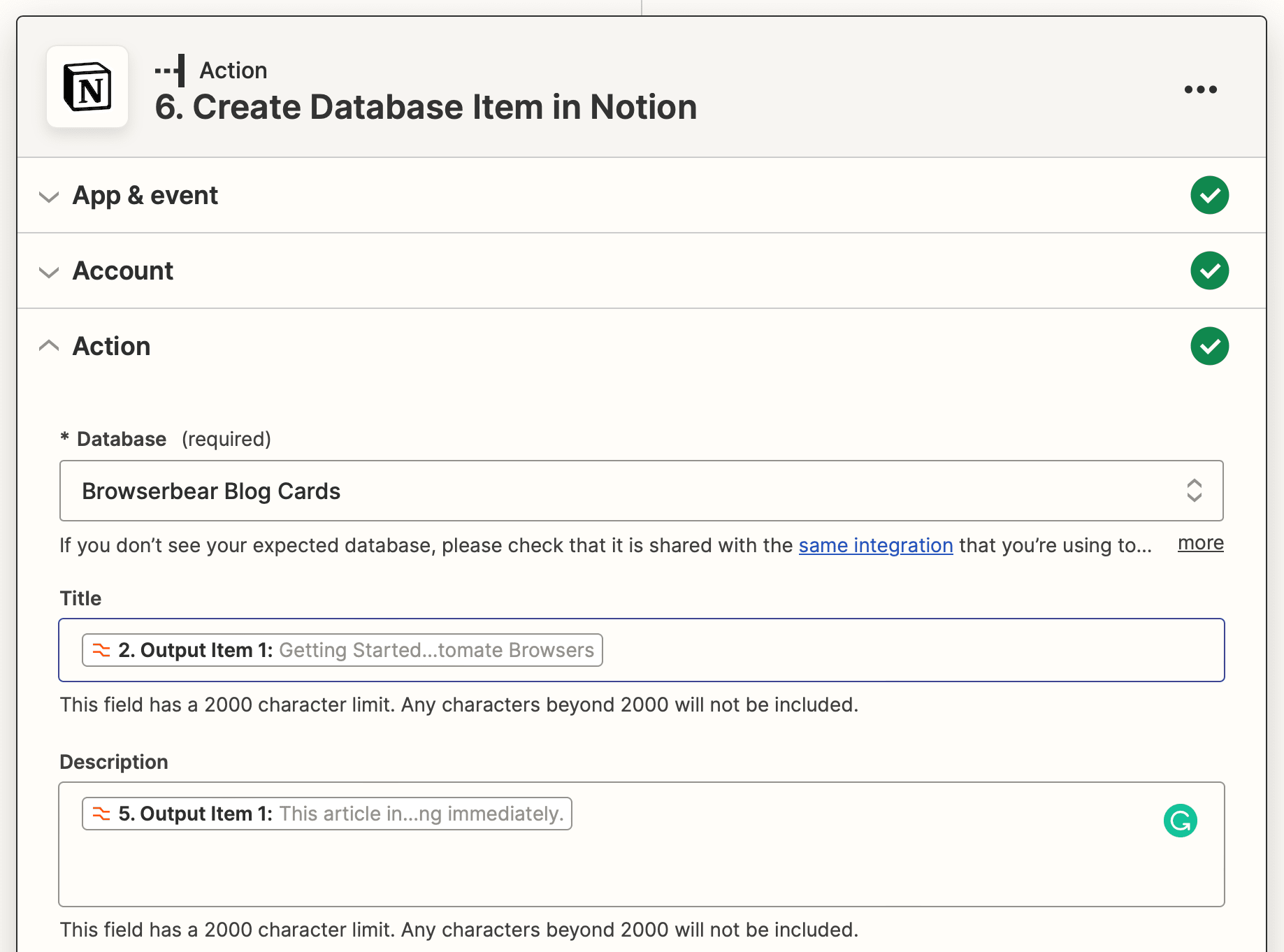 Screenshot of Zapier Notion create database item action setup