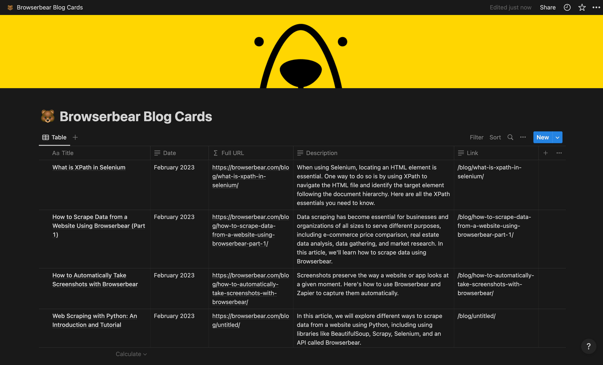Screenshot of Notion blog card database