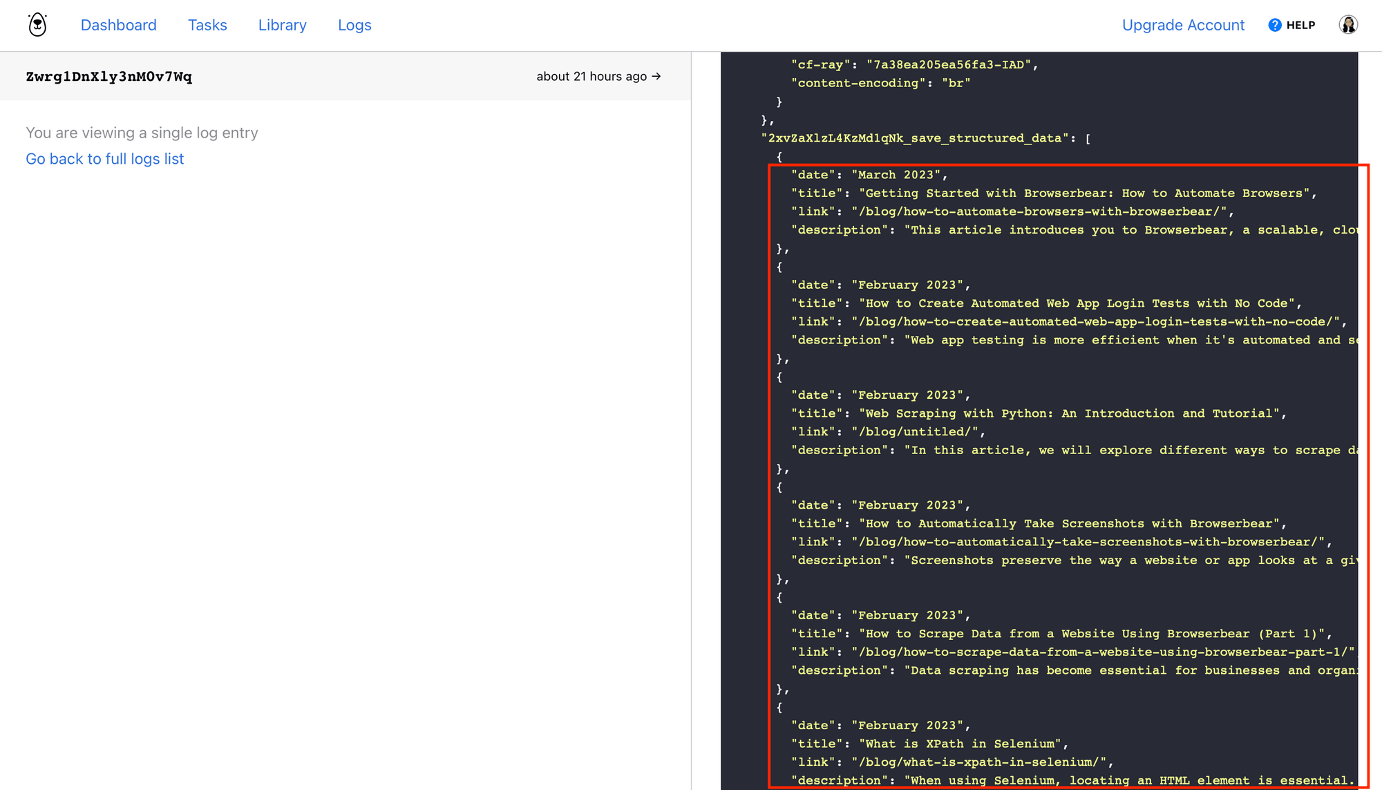 Screenshot of Browserbear task log