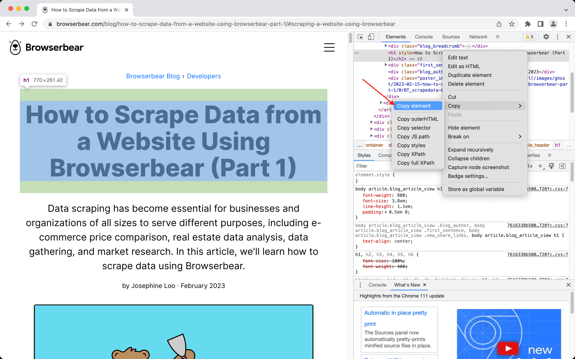 Screenshot of browser inspector with red arrow pointing to copy element