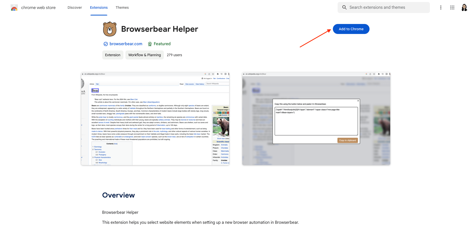 Screenshot of Browserbear Helper extension with red arrow pointing to Add to Chrome