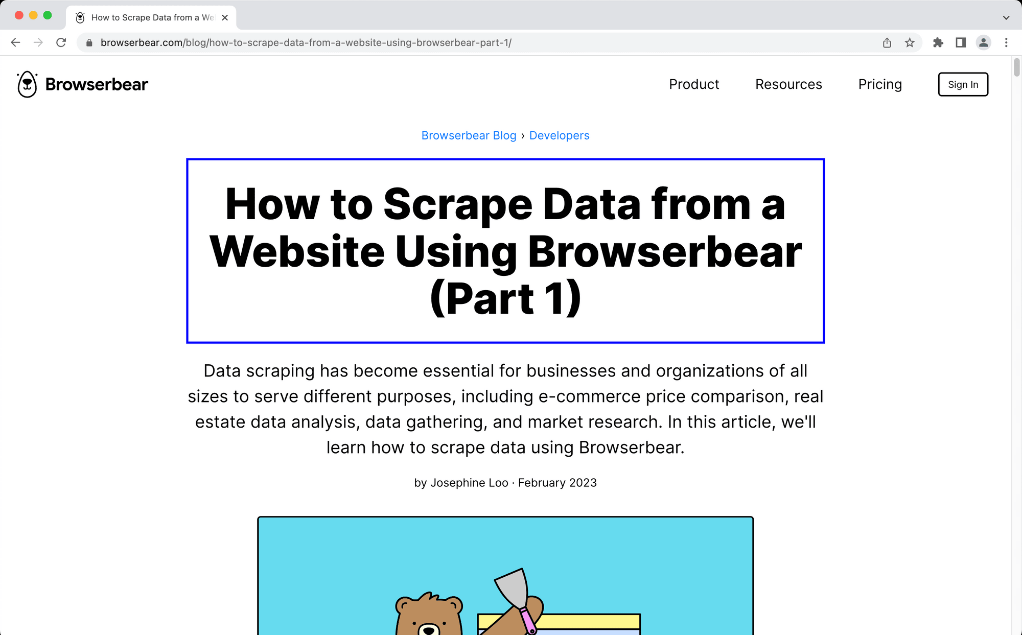 Screenshot of Browserbear blog article with blue outline around title