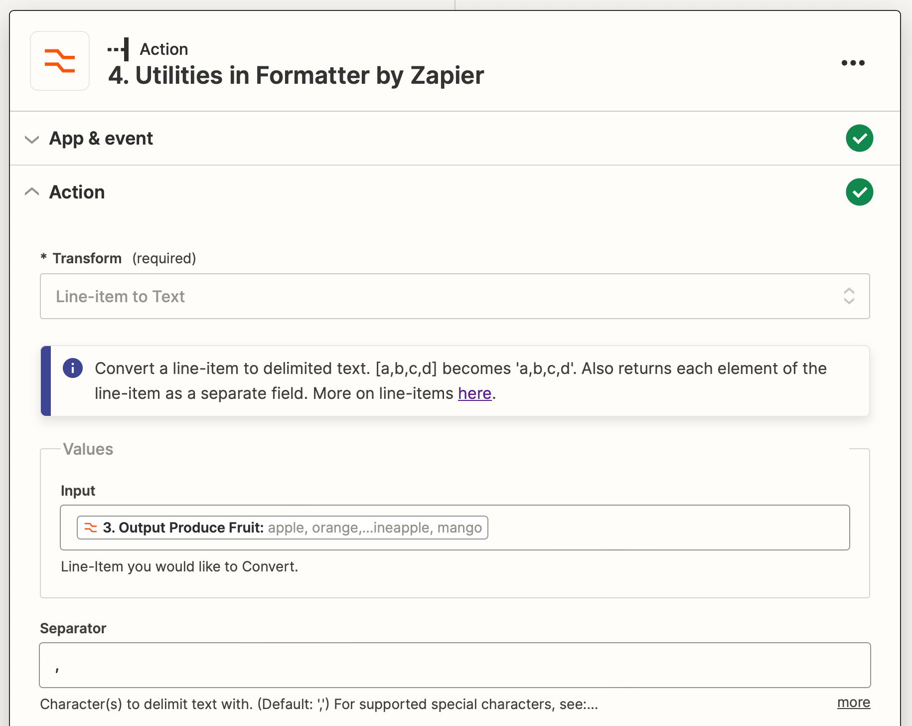 Screenshot of Zapier Utilities in Formatter action line-item to text setup