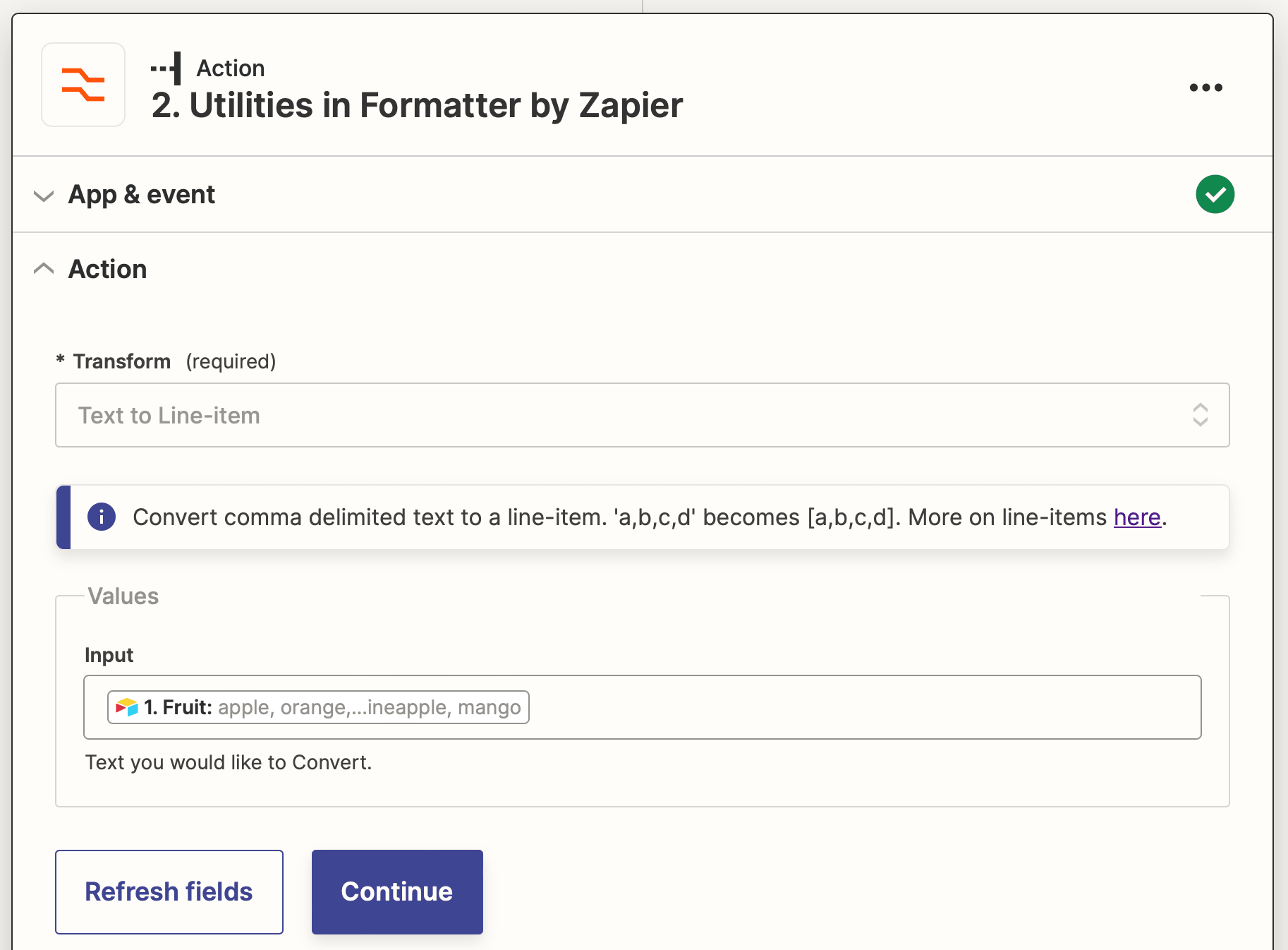 Screenshot of Zapier Utilities in Formatter action text to line-item setup