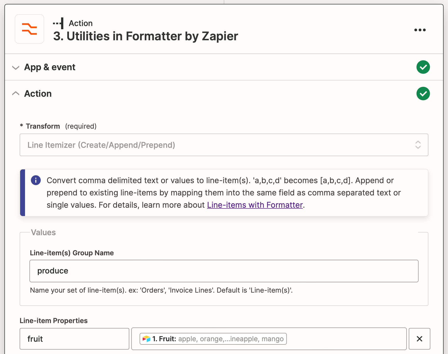 Screenshot of Zapier utilities in formatter action line itemizer setup