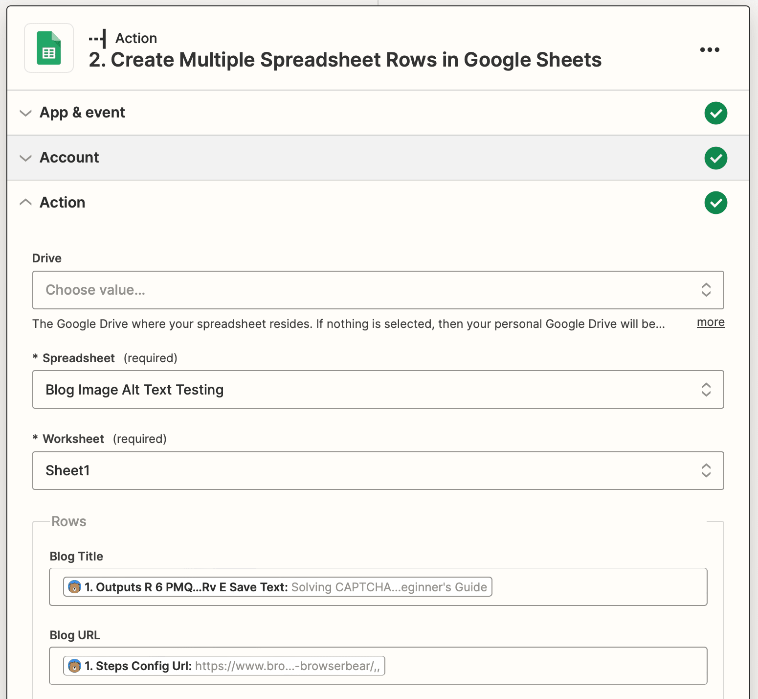 Screenshot of Zapier Google Sheets create multiple spreadsheet rows action