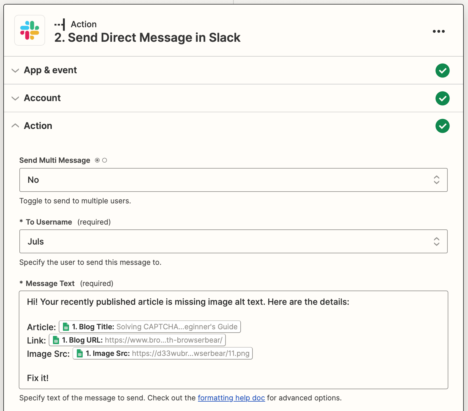 Screenshot of Zapier Slack send direct message action 1