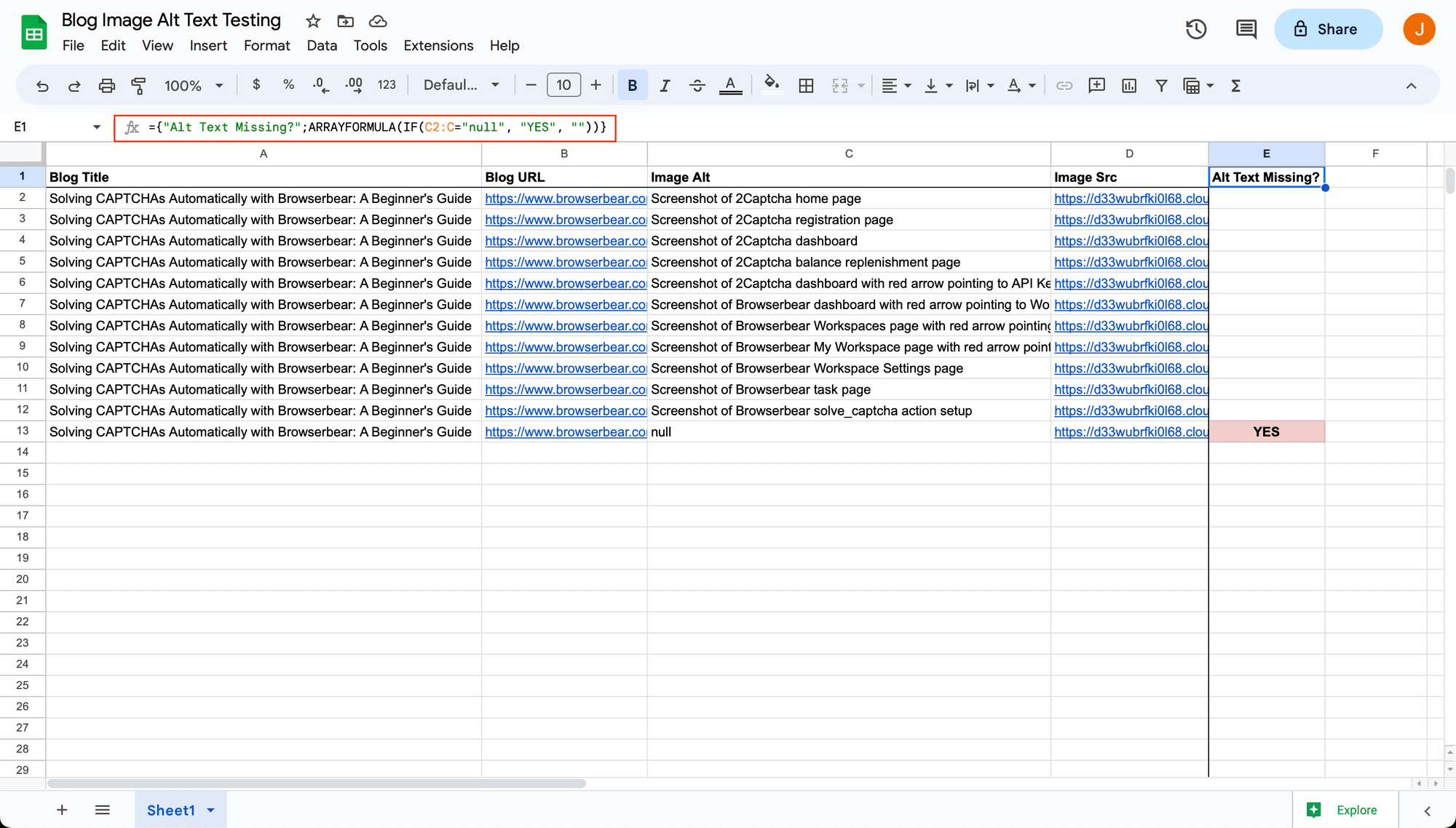Screenshot of Google Sheets spreadsheet with alt text missing formula outlined in red