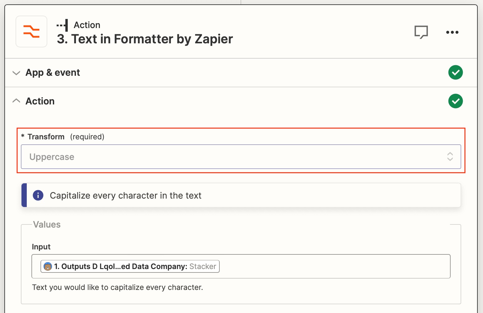 Screenshot of Zapier Text in Formatter action uppercase transform