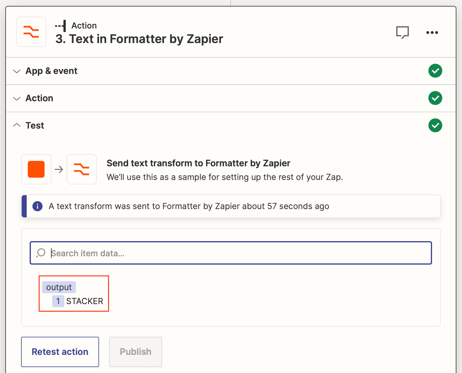 Screenshot of Zapier Text in Formatter action capitalization output
