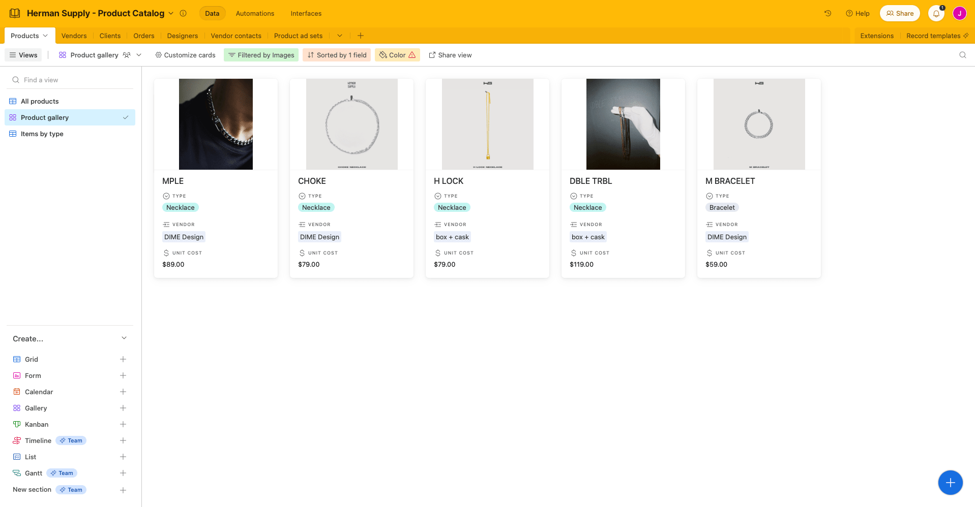 Screenshot of sample Airtable product catalog base gallery view