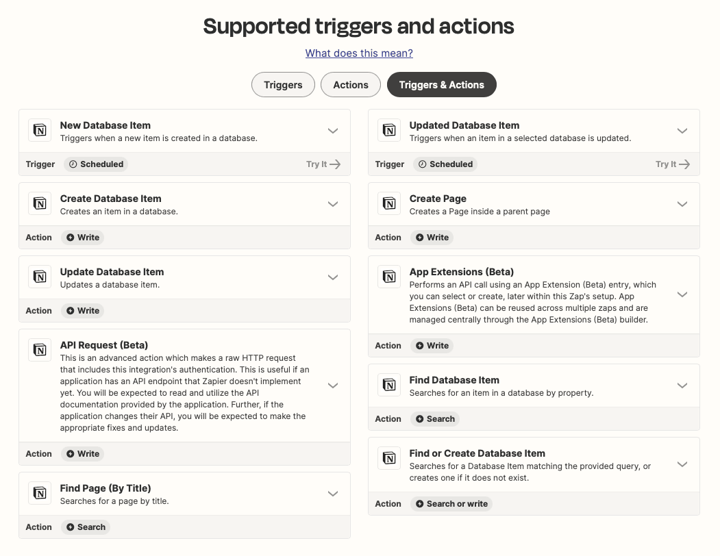Screenshot of supported Notion triggers and actions on Zapier