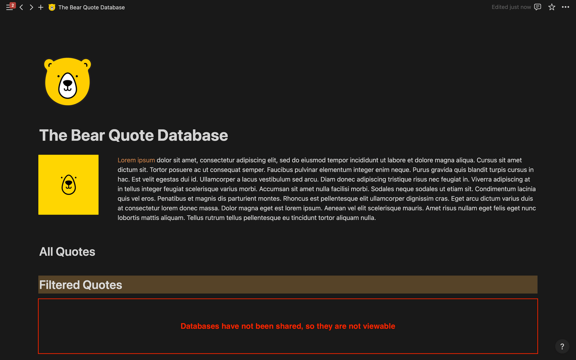Screenshot of Notion sample page with non-viewable database