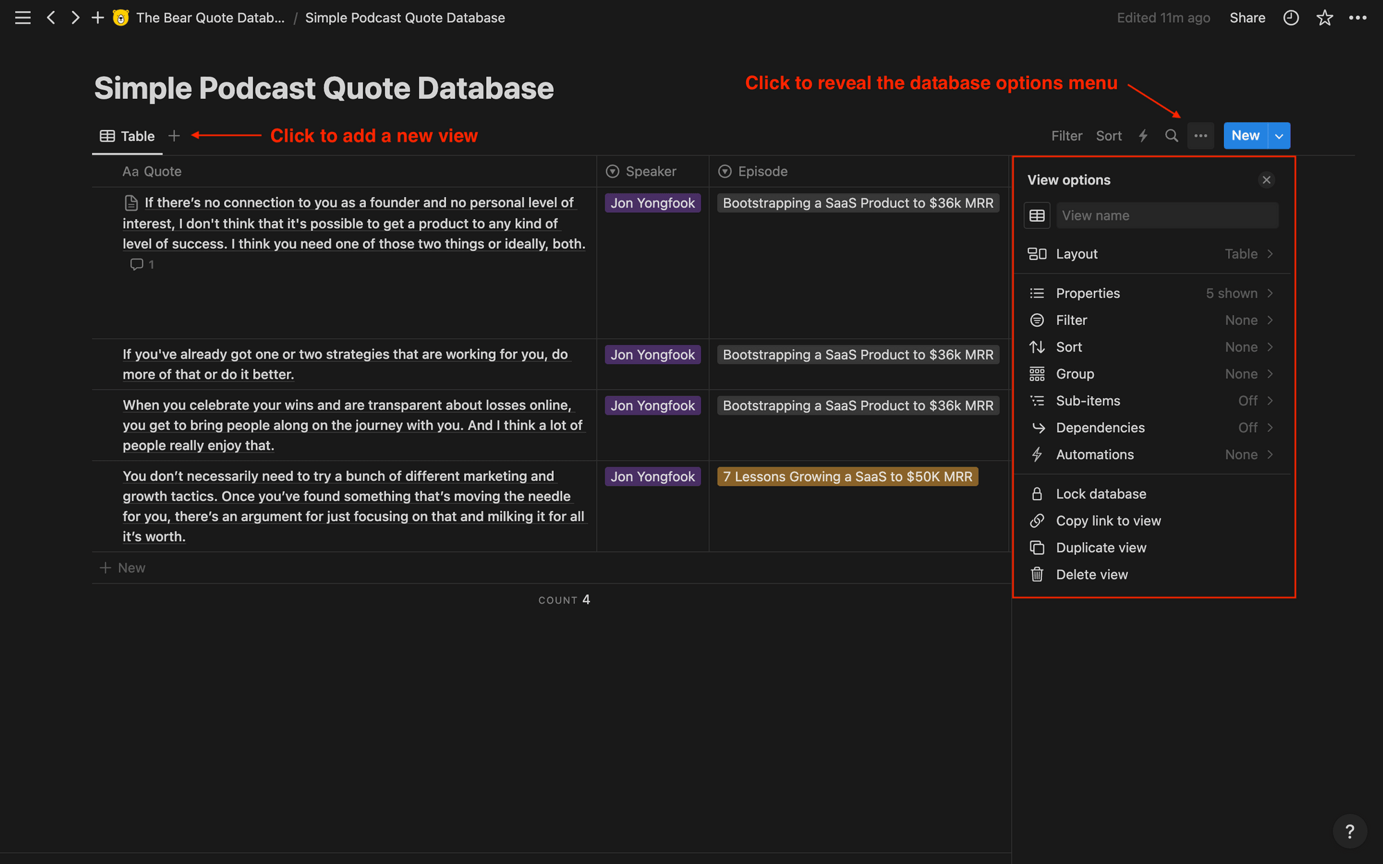 Screenshot of Notion sample database with options menu outlined