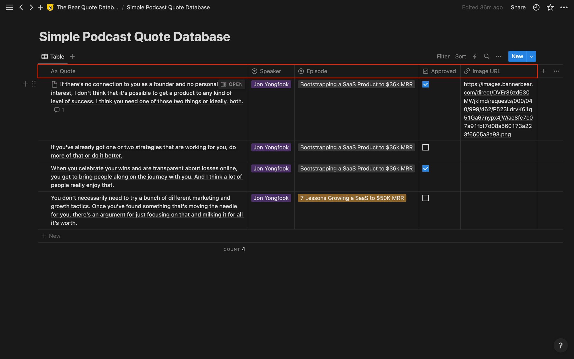 Screenshot of Notion sample database with properties outlined