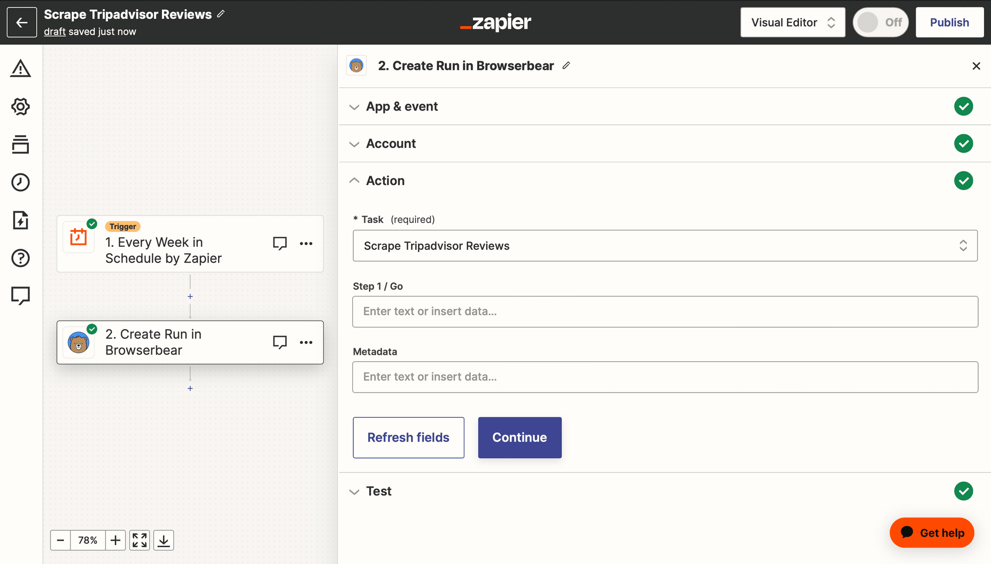 Screenshot of Zapier Browserbear create run action