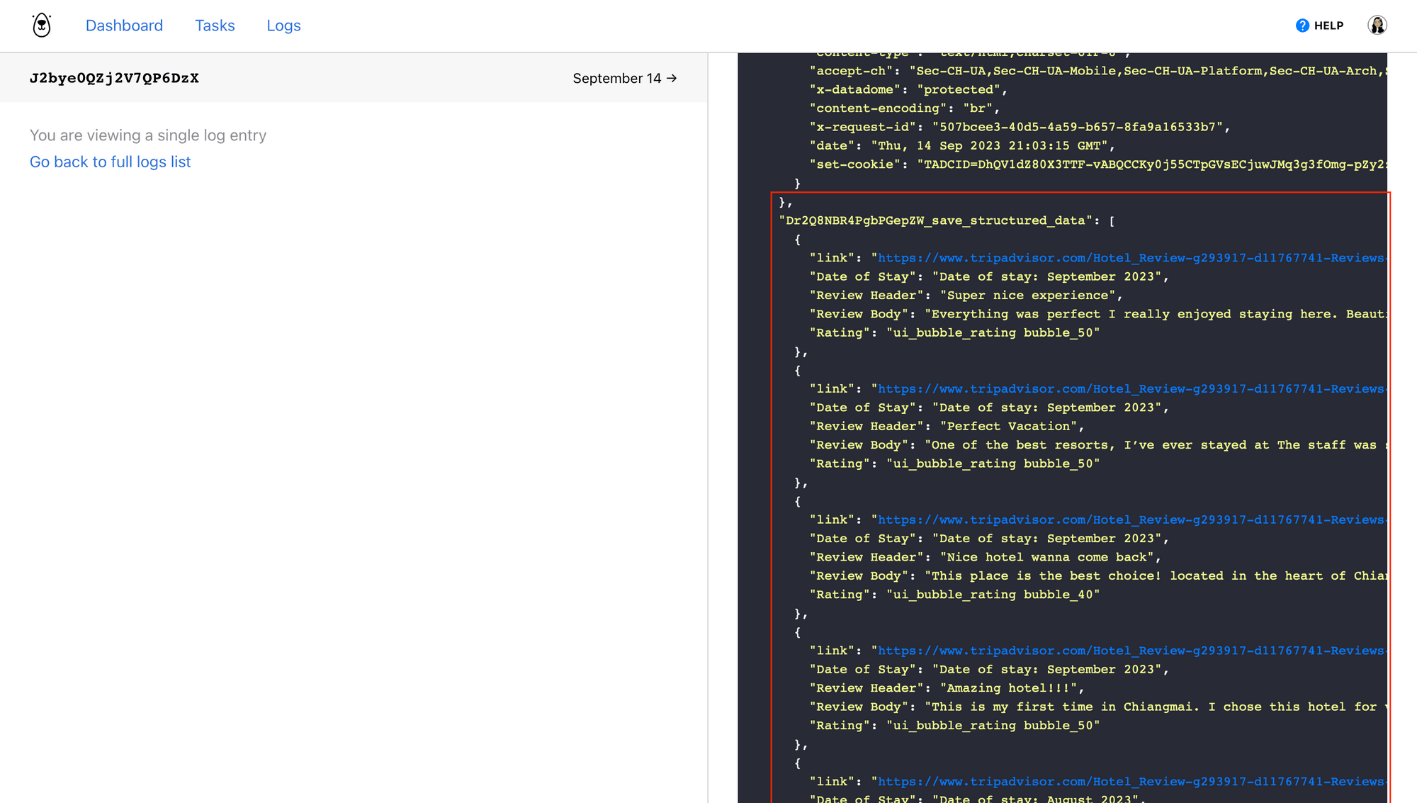 Screenshot of Browserbear task run log output
