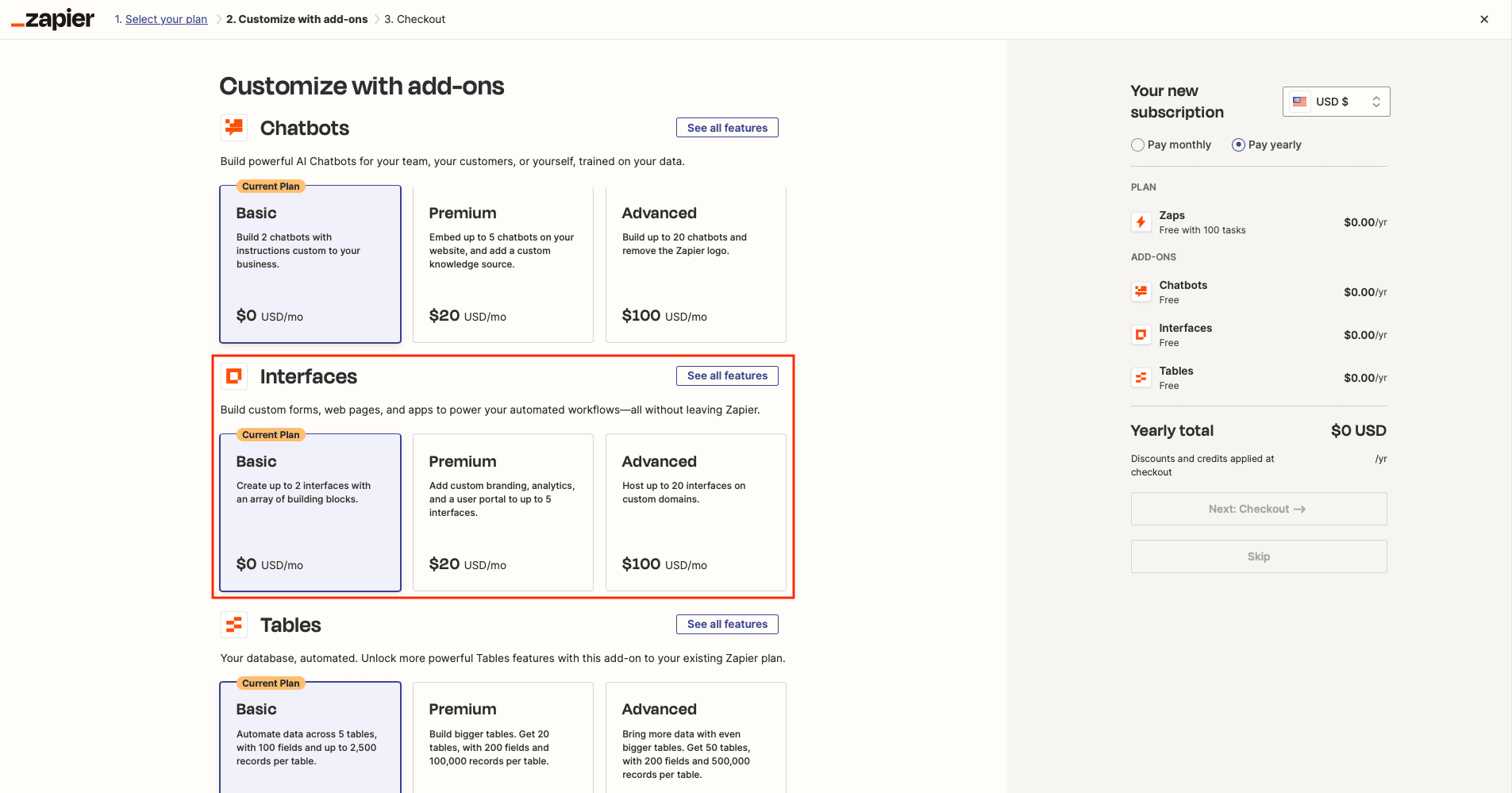 Screenshot of Zapier Interfaces pricing page