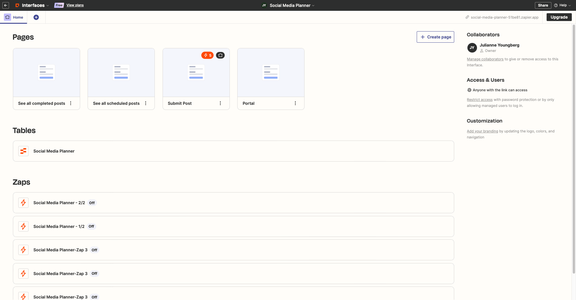 Screenshot of Zapier Interface home page with pages, tables, and zaps