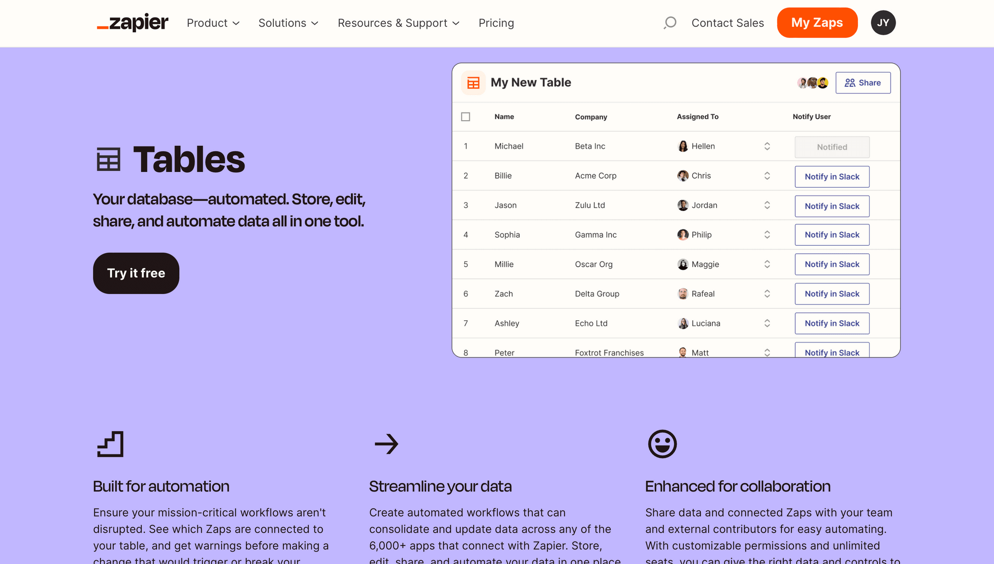 Screenshot of Zapier tables product page