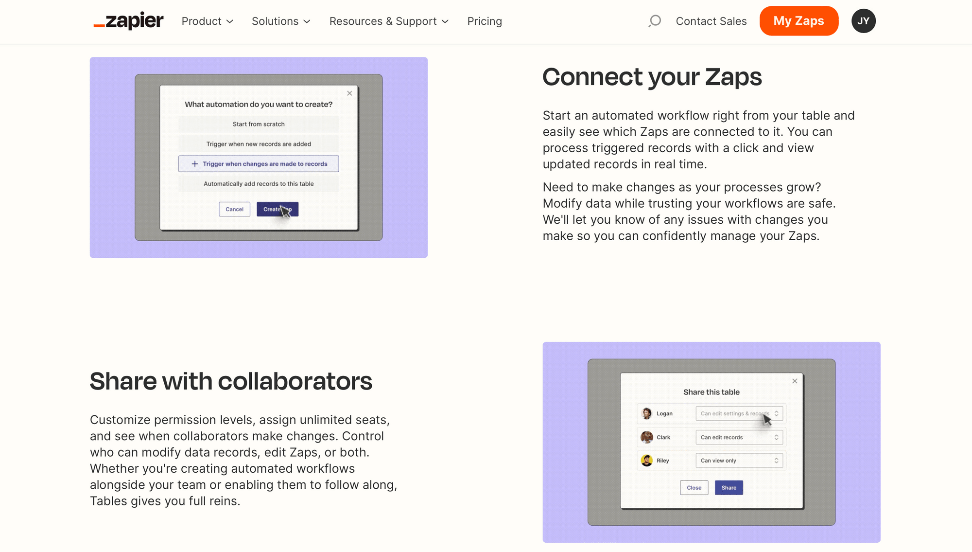 Screenshot of Zapier tables product features
