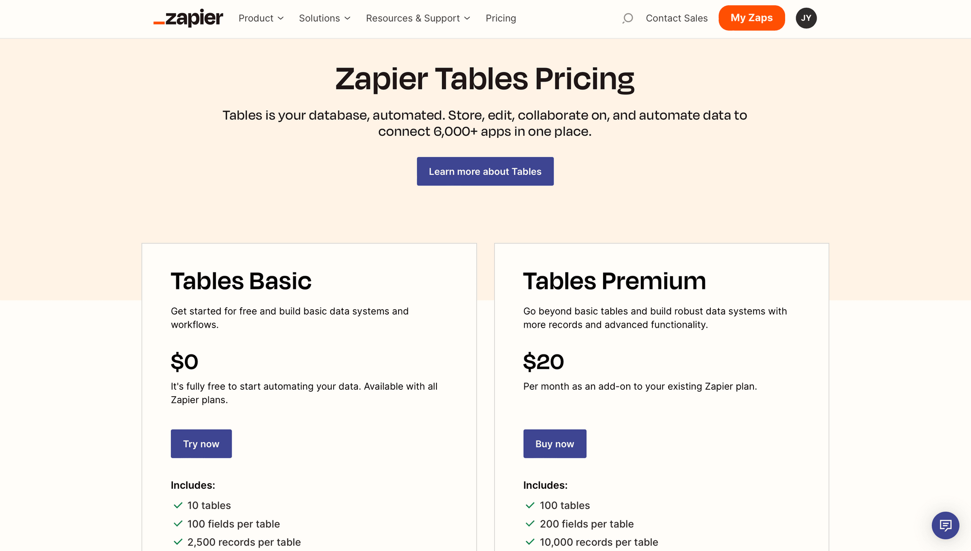 Screenshot of Zapier tables pricing page