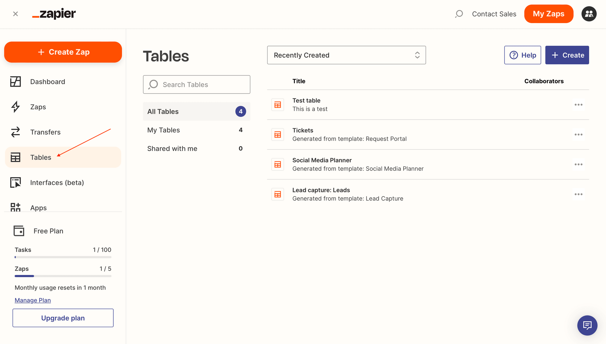 Screenshot of Zapier app with red arrow pointing to Tables