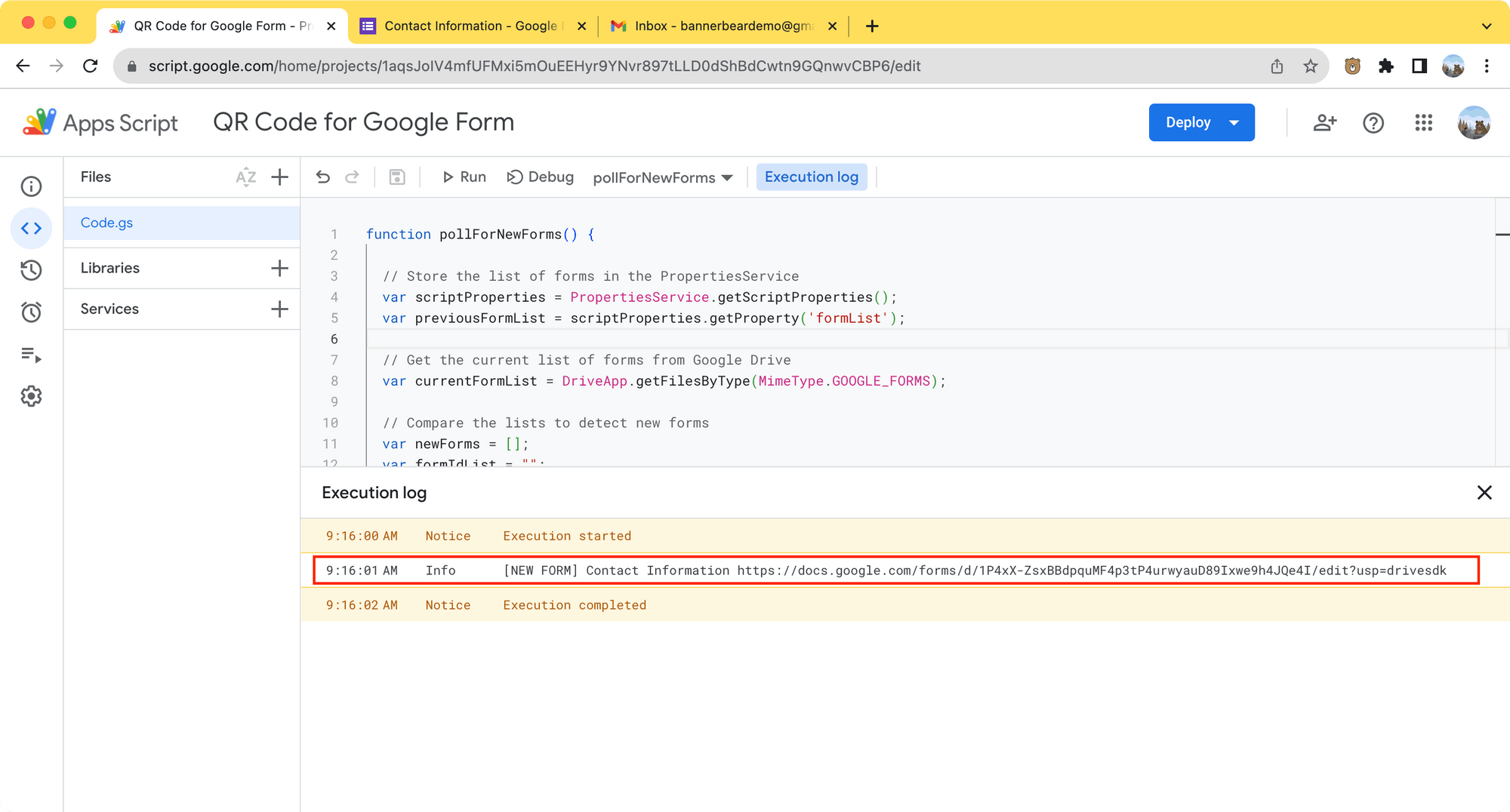 Google Apps Script - script run result showing the new form's name and URL.png