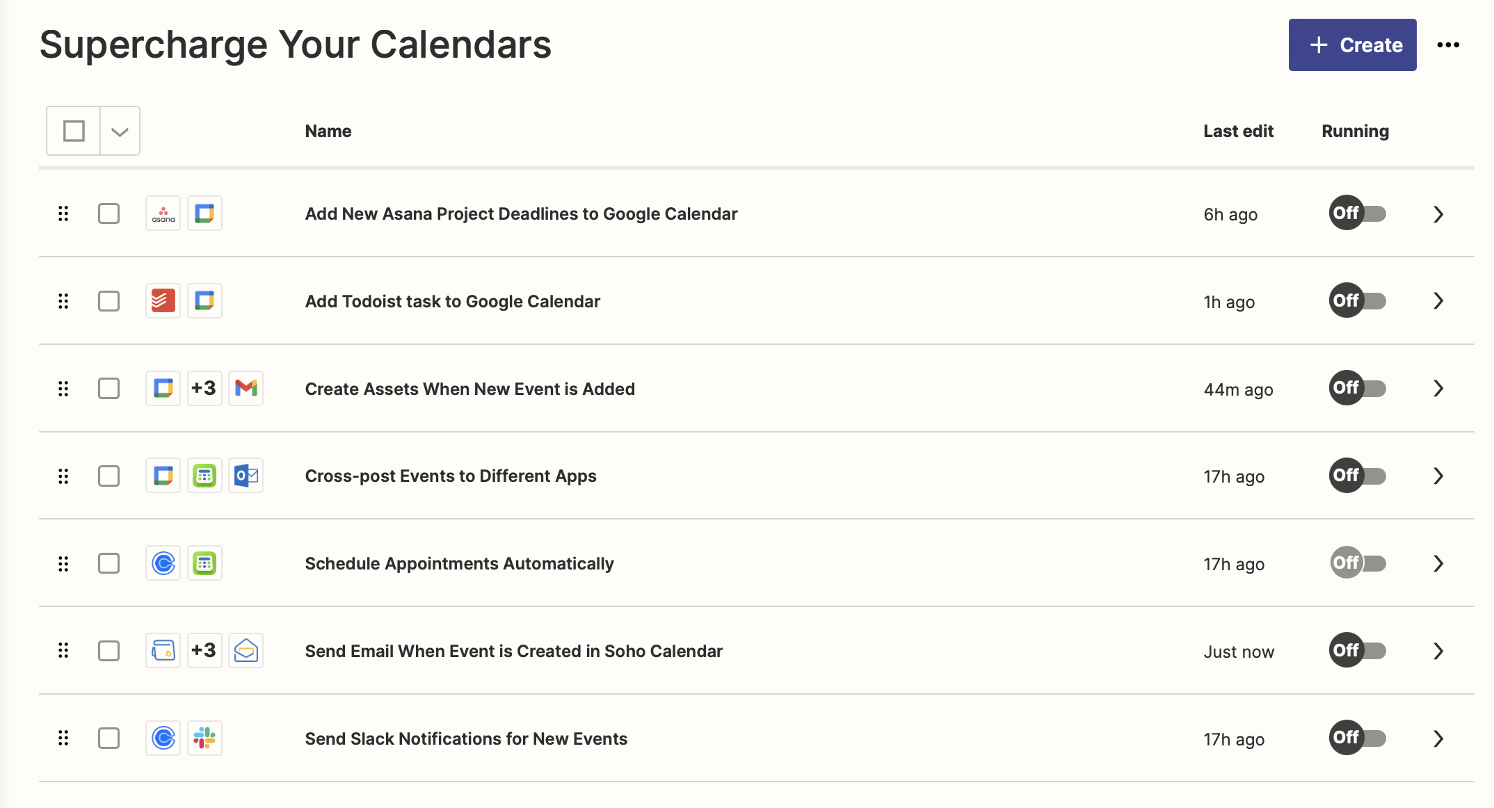 Screenshot of example Zapier calendar workflows
