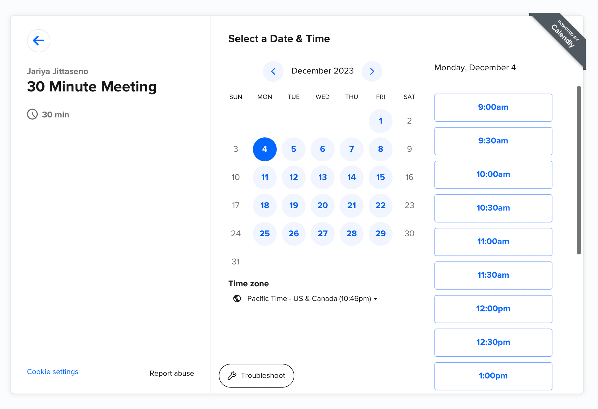 Screenshot of Calendly meeting booking portal