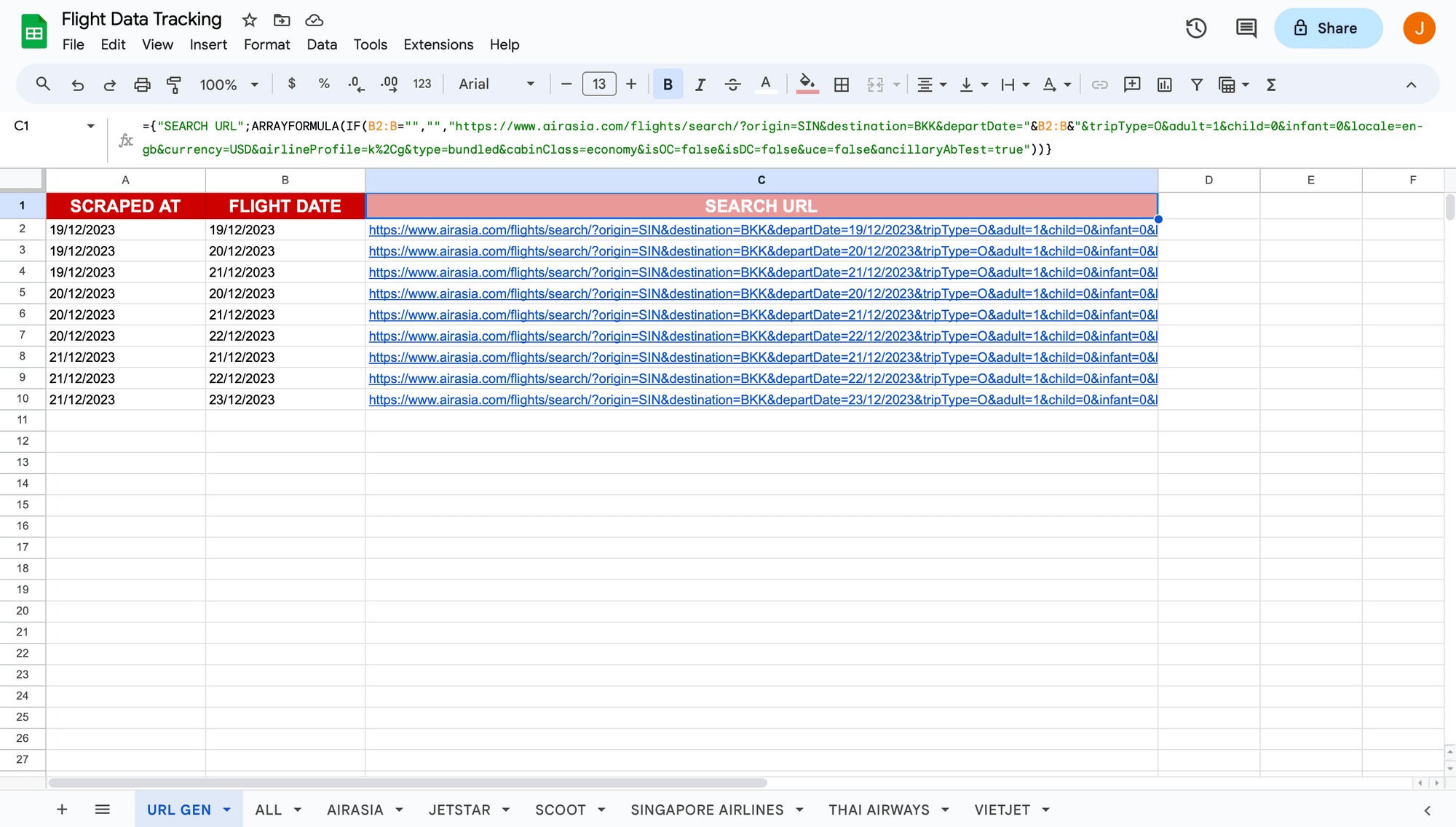 Screenshot of Google Sheets search URL generation spreadsheet with formula