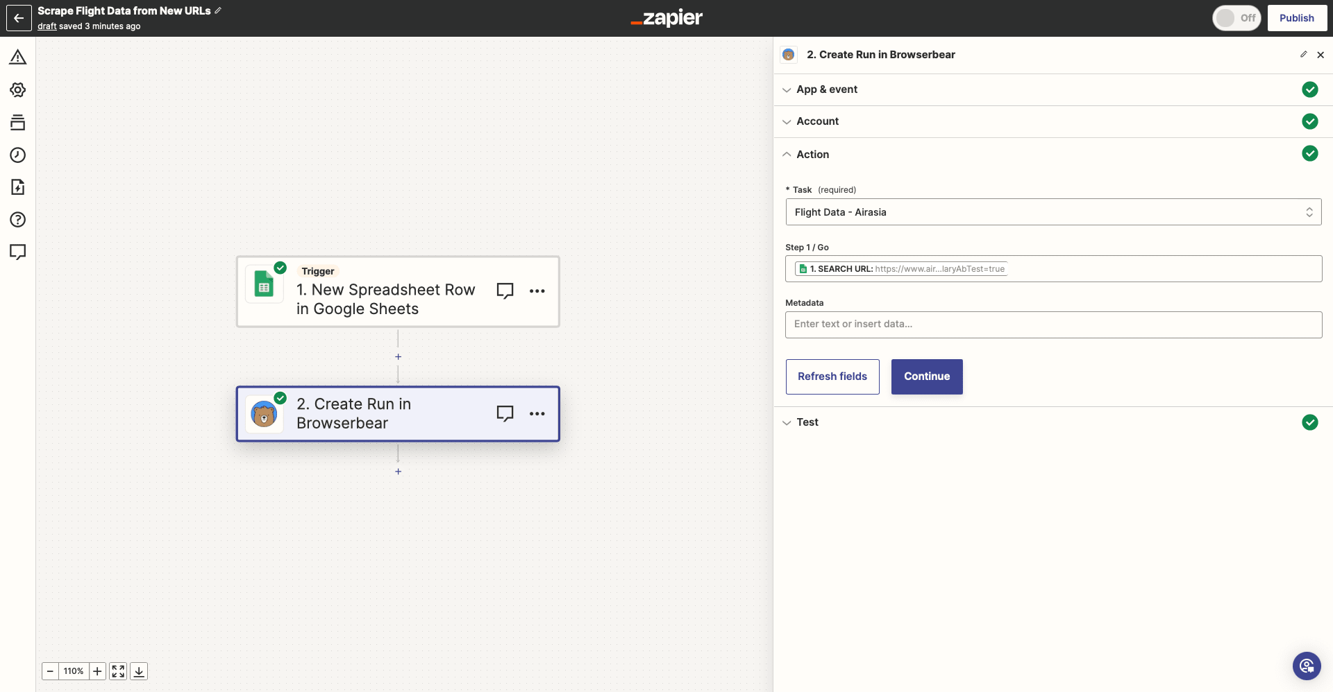 Screenshot of Zapier Create Run in Browserbear action