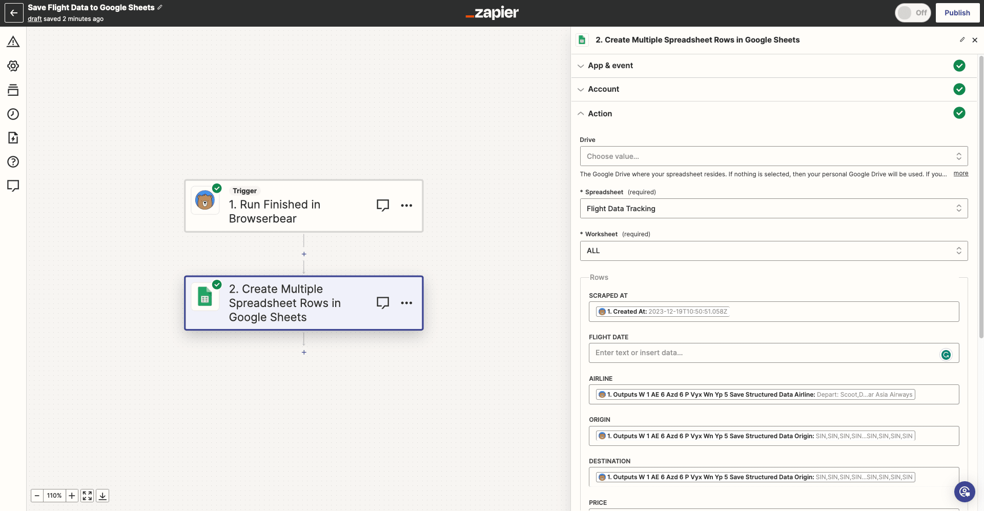 Screenshot of Zapier Create Multiple Spreadsheet Rows in Google Sheets action