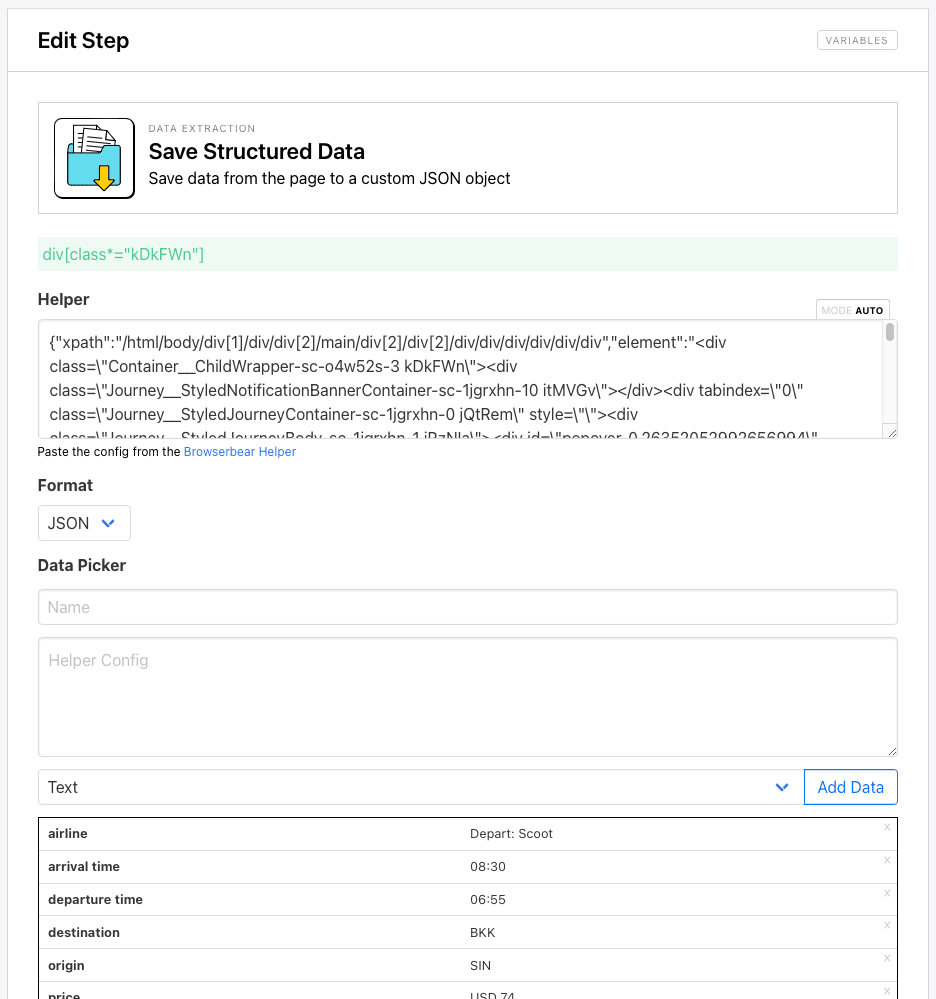 Screenshot of Browserbear save structured data step setup