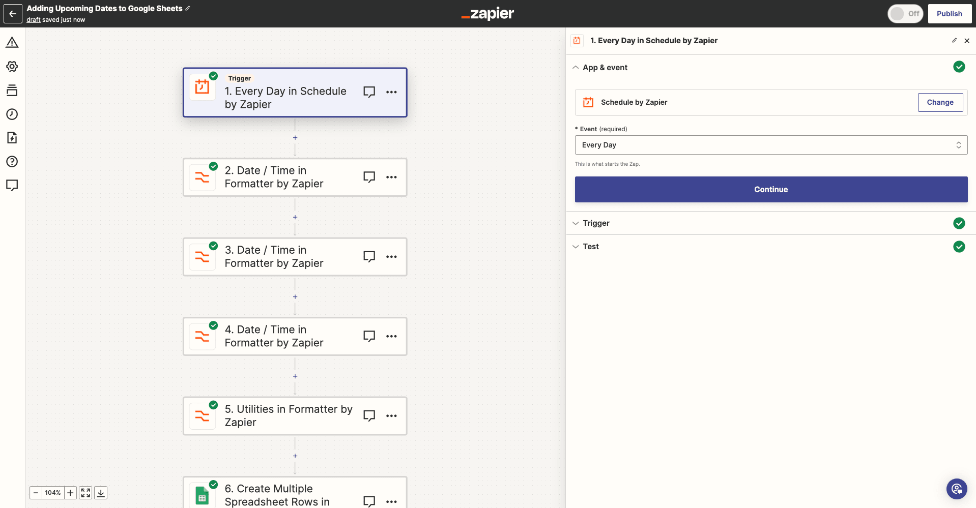 Screenshot of Zapier Every Day in Schedule by Zapier trigger