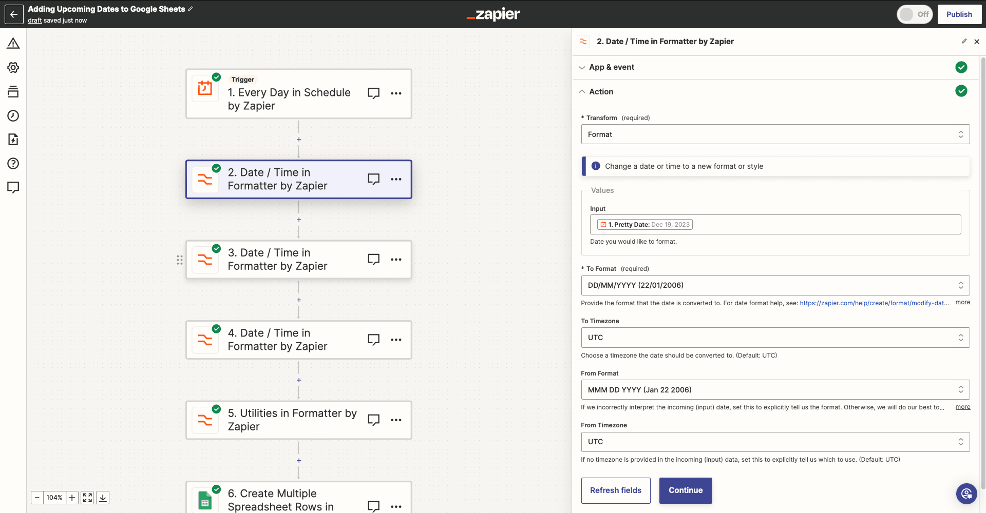 Screenshot of Zapier Date / Time in Formatter by Zapier action