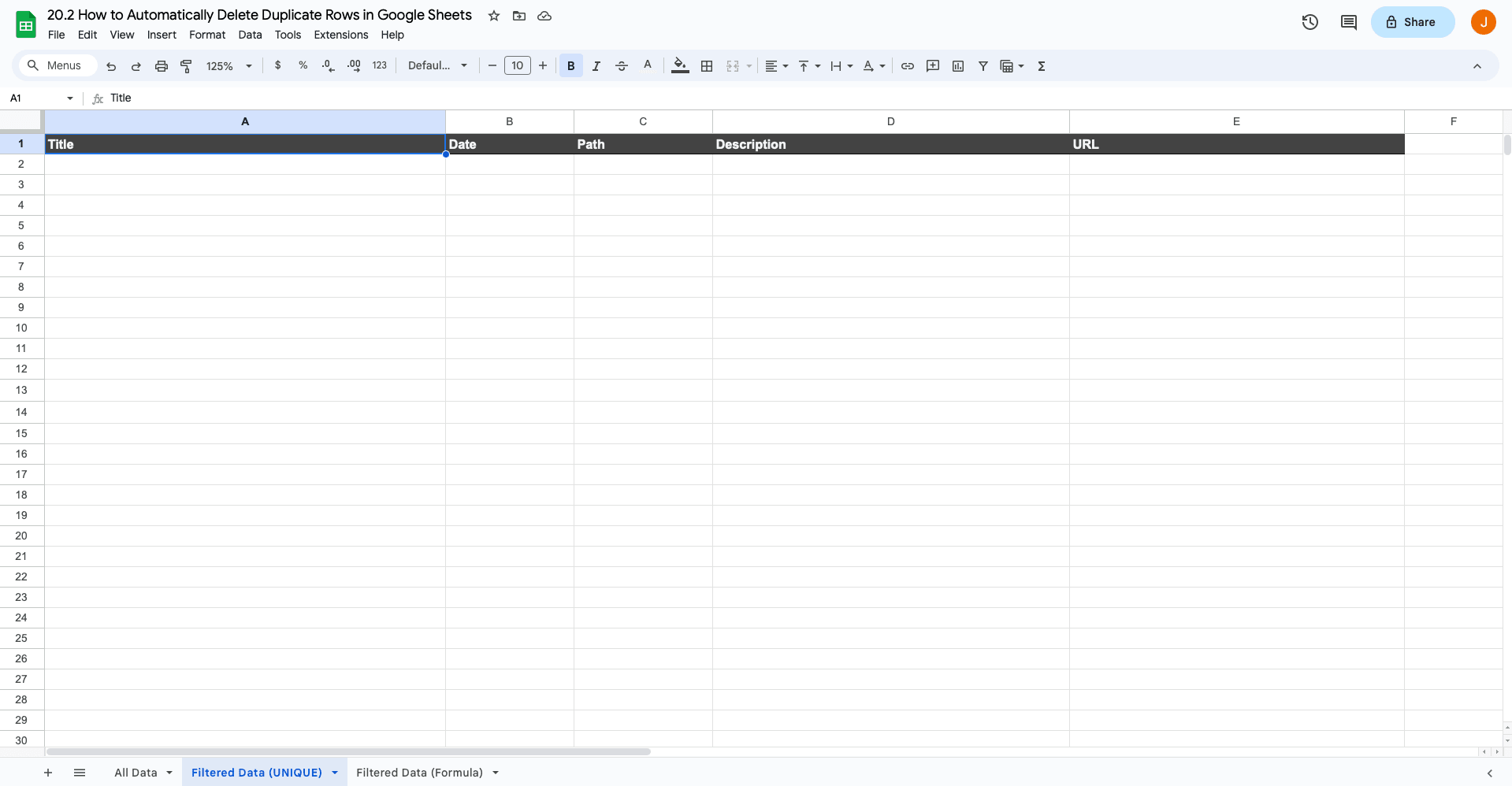 Screenshot of Google Sheets spreadsheet with new table and headers for filtered data