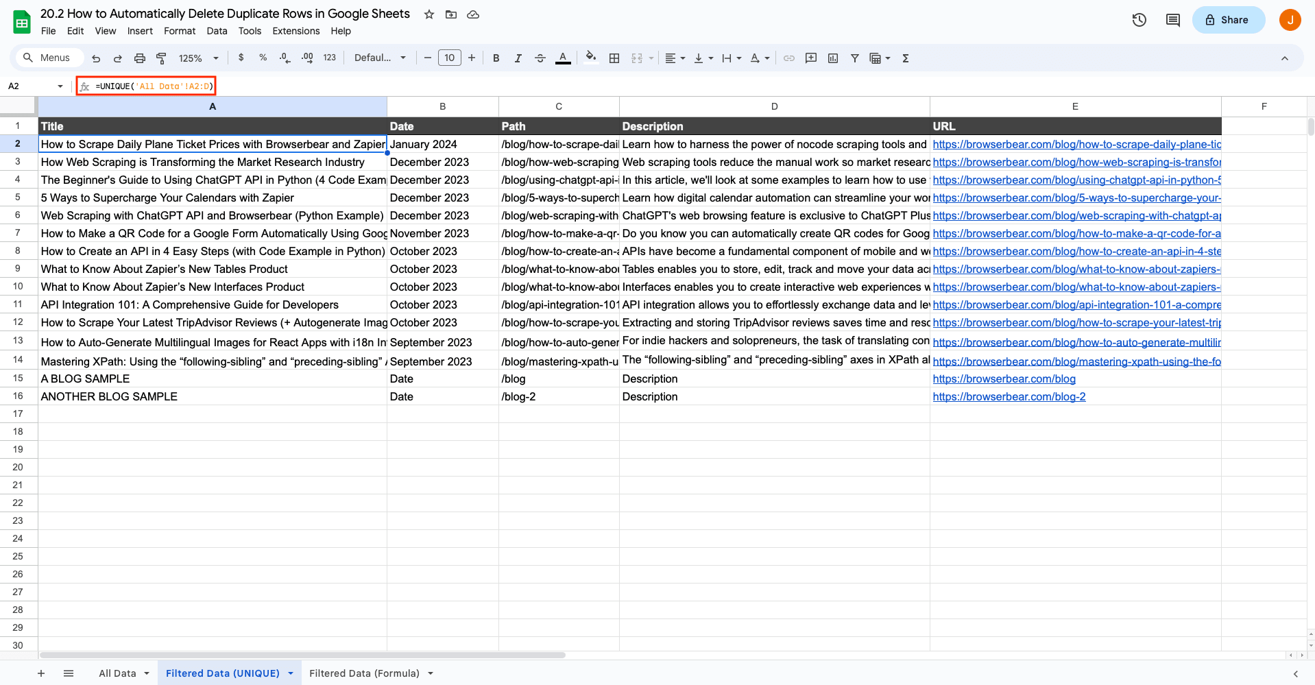 Screenshot of Google Sheets spreadsheet filtered data table with UNIQUE formula outlined in red
