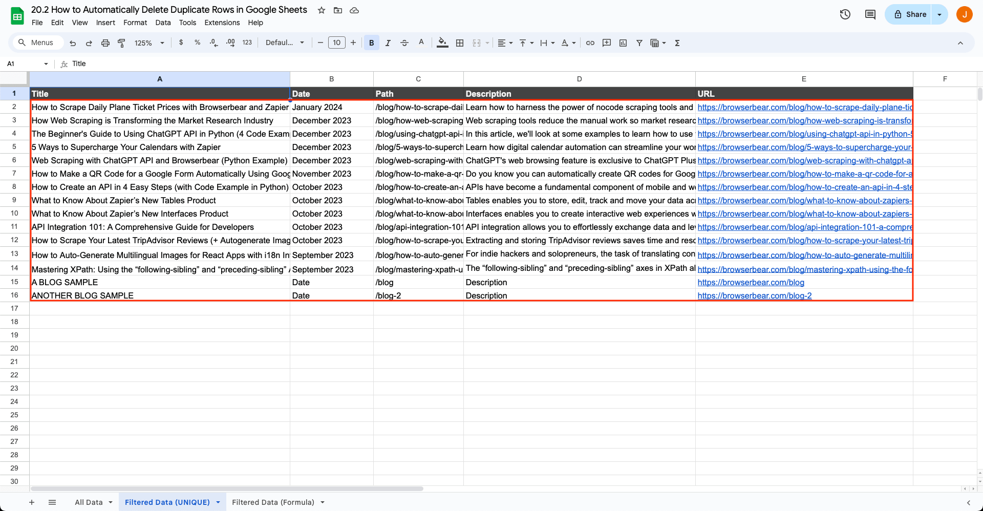Screenshot of Google Sheets filtered data table with unique data outlined in red