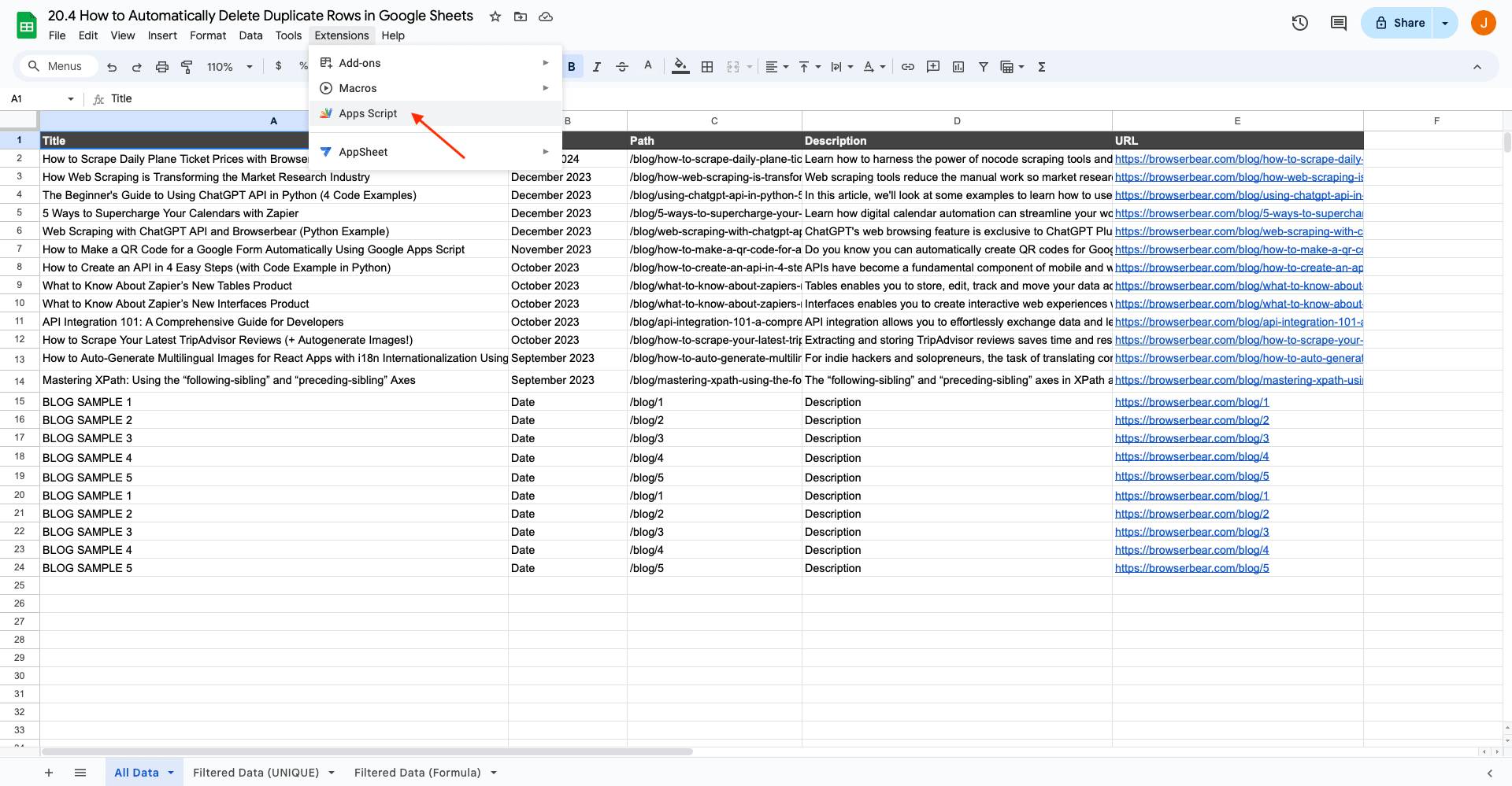 Screenshot of Google Sheets spreadsheet with red arrow pointing to Apps Script extension