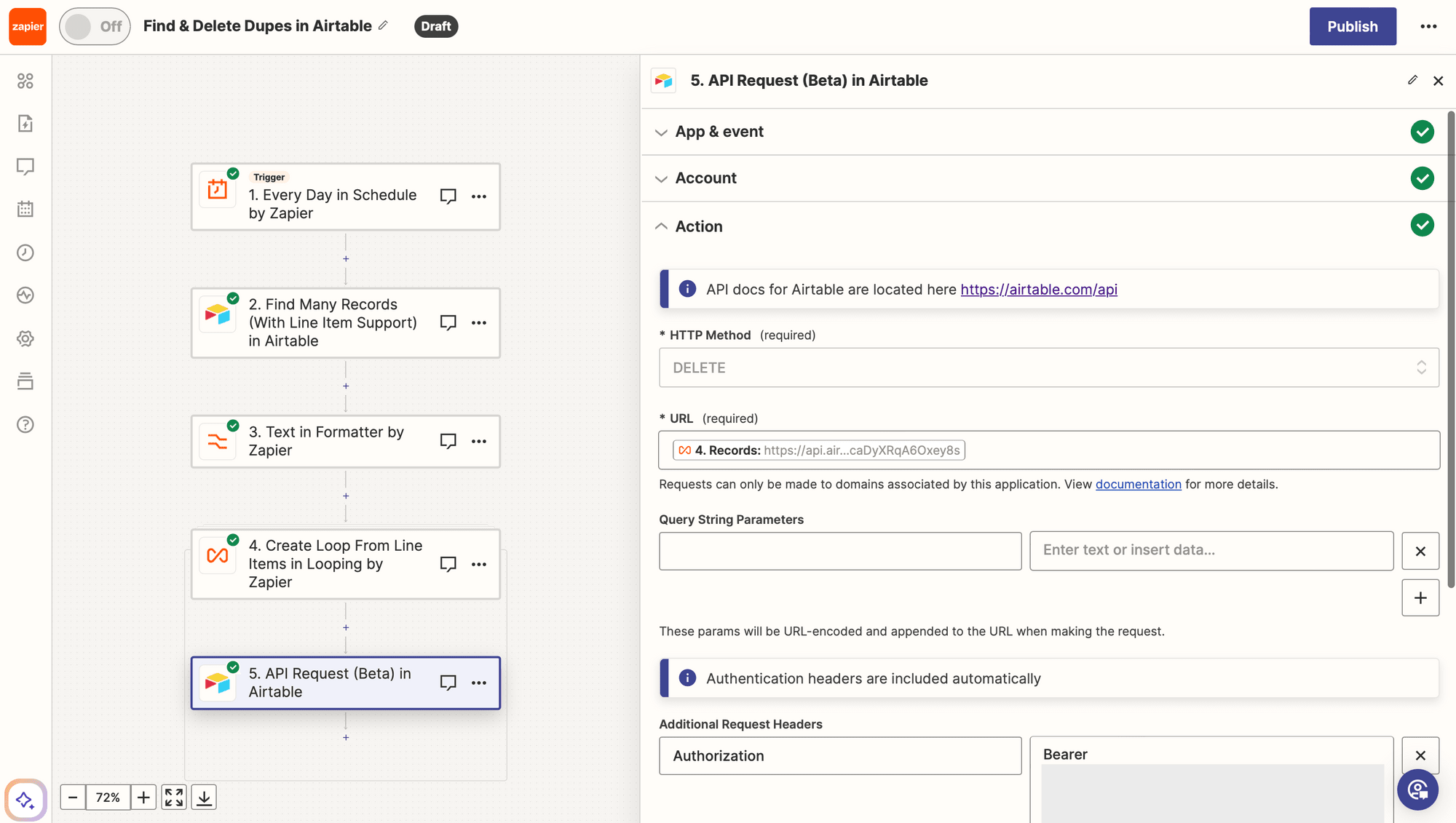 Screenshot of Zapier Airtable API request action