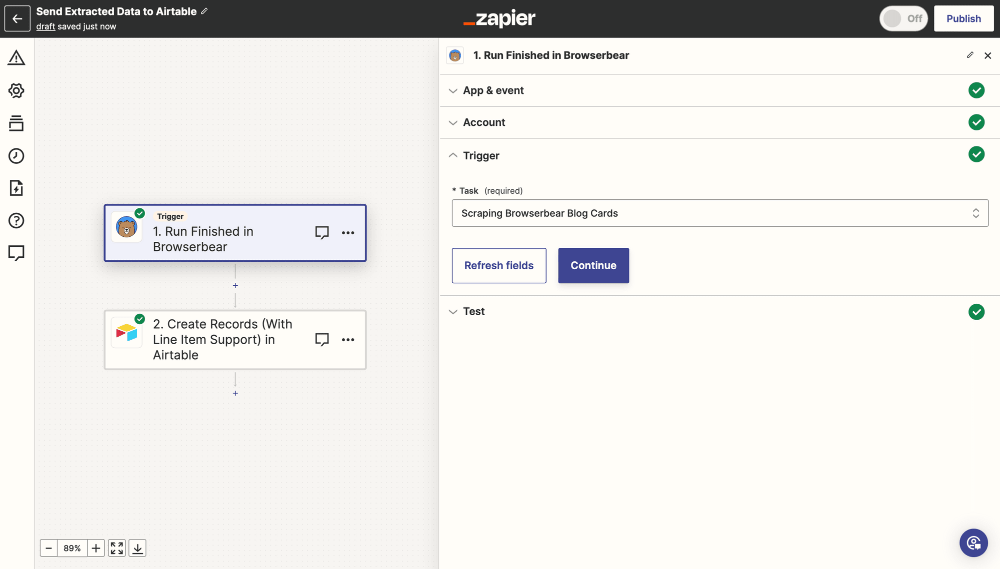 Screenshot of Zapier Browserbear run finished trigger
