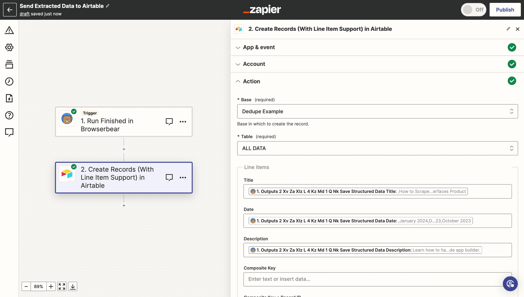 Screenshot of Zapier Airtable create records with line item support action