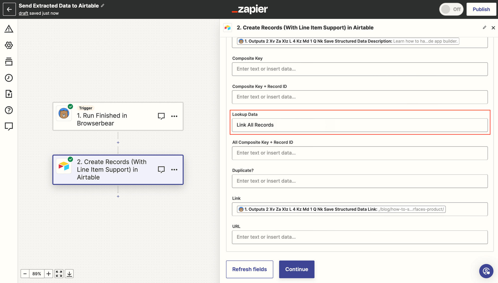 Screenshot of Zapier Airtable create records with line item support action lookup data field value